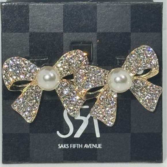Saks Fifth Ave Gold Tone Crystal Bow with Faux Pearl Post - Picture 7 of 7